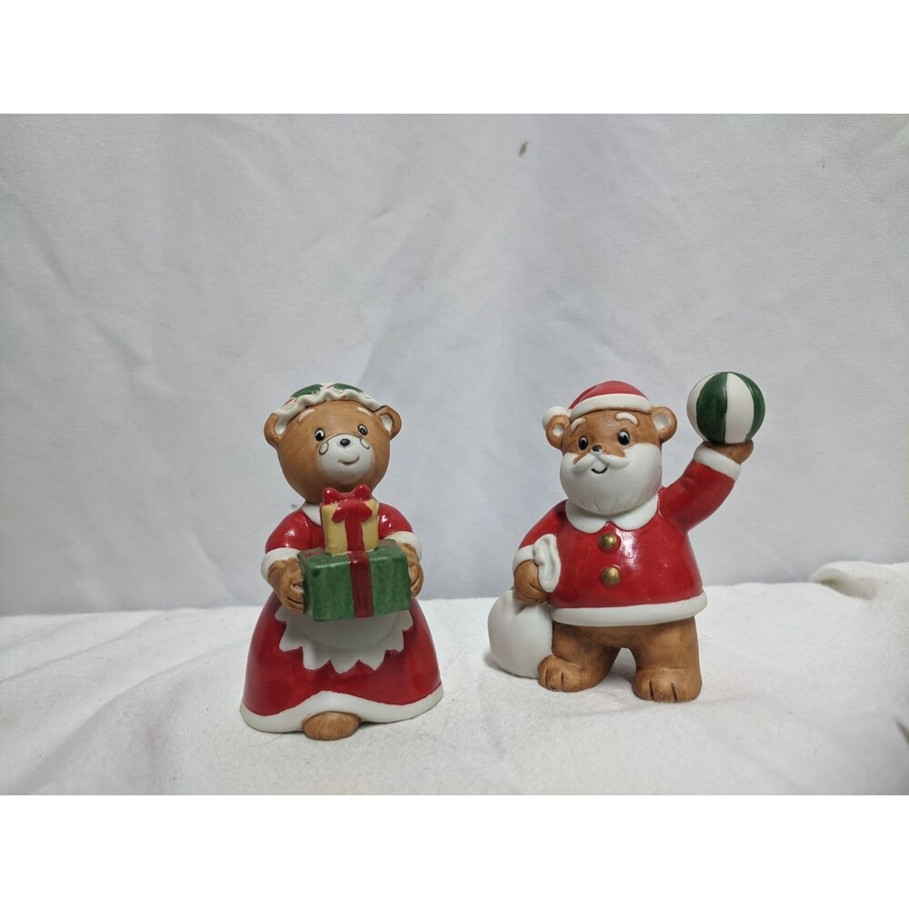 Christmas Santa Mrs Claus Teddy Bear Figurines Ceramic Bisque Vintage 80's